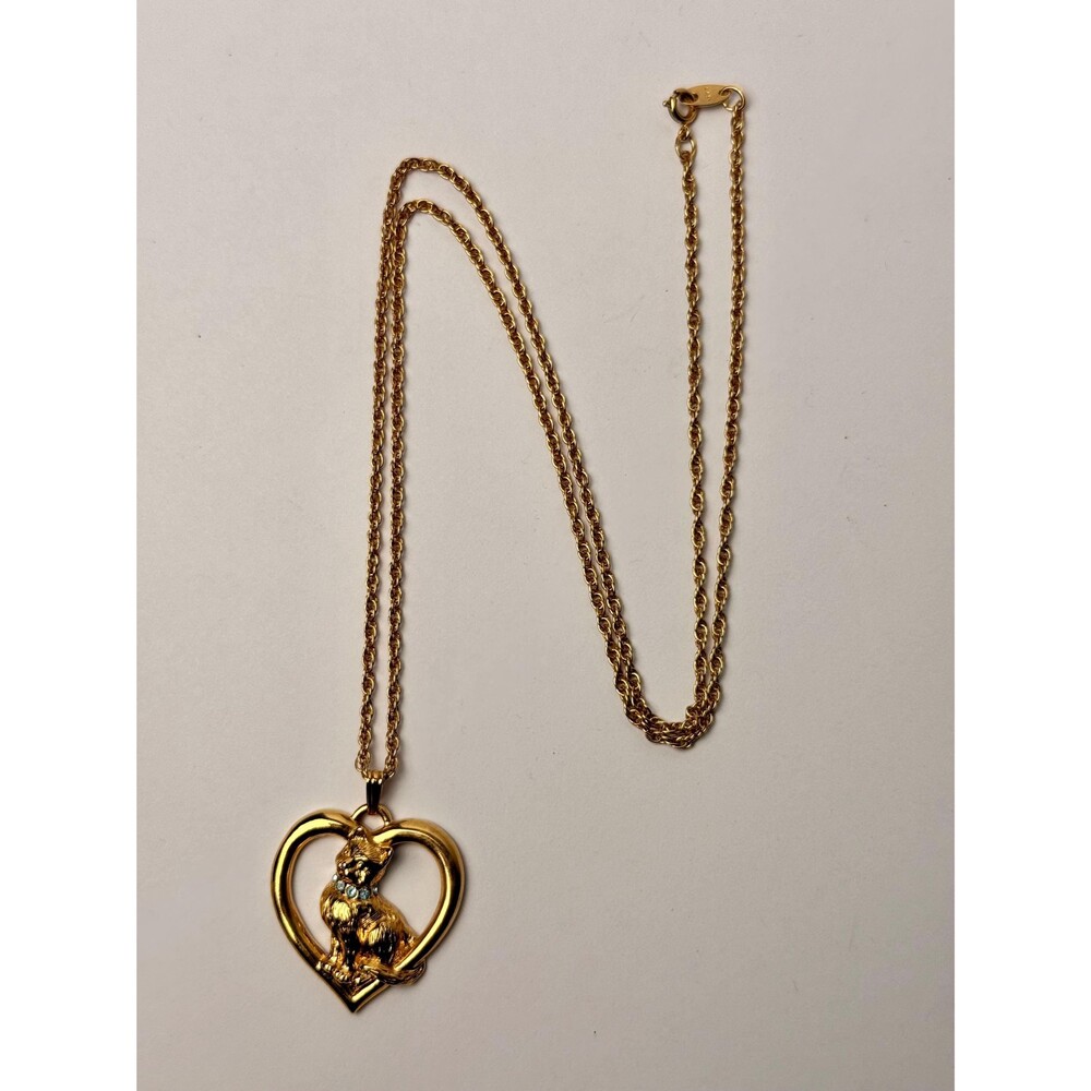 Vintage Avon Gold Tone Cat Heart Pendant Necklace Rhinestone Kitty Charm 13"
